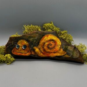 Hand Painted Snail on Wood. 8in X 3in (moss not included)